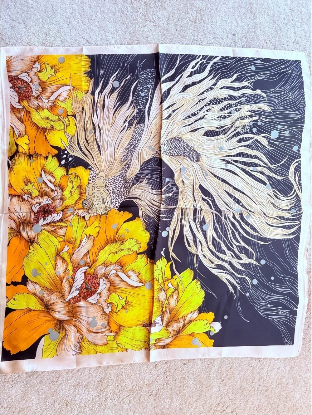 Elegant Floral Scarf with Vibrant Yellow and Black Design